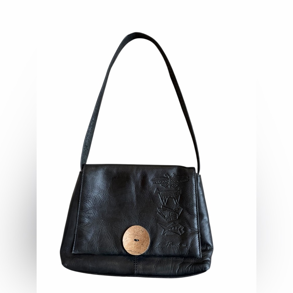 Laurel Burch Vintage 90’s Black Leather Shoulder Bag With Embossed Animals